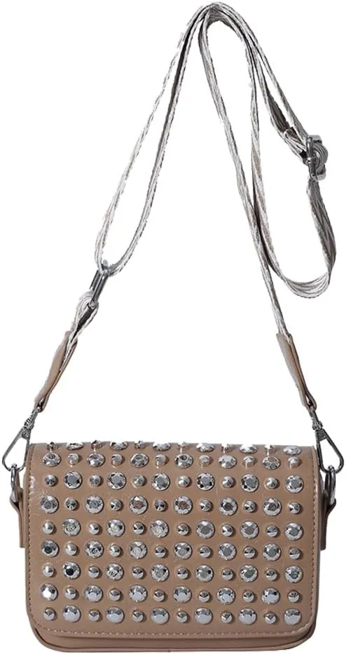Women Rivet Chain Handbag Studded Punk Purse Crossbody Y2K Shoulder Bag Designer Handbags Flap Satchel 2000s Black