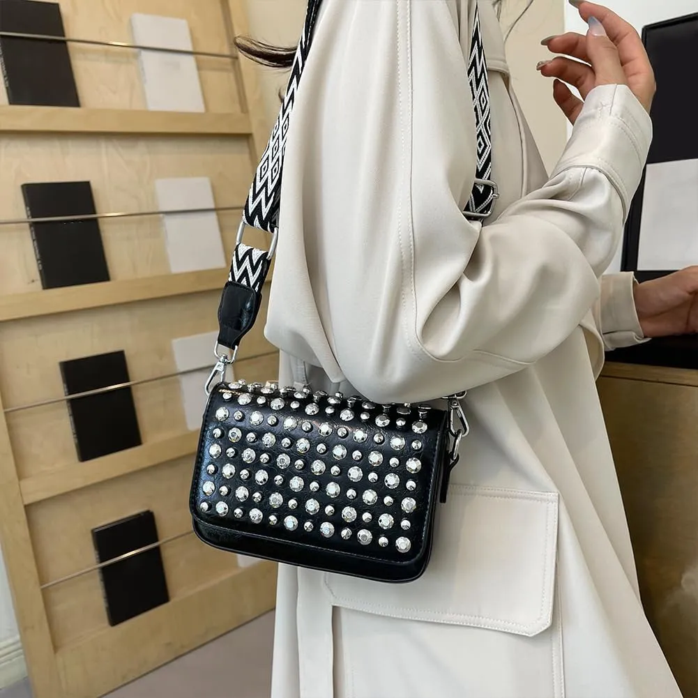 Women Rivet Chain Handbag Studded Punk Purse Crossbody Y2K Shoulder Bag Designer Handbags Flap Satchel 2000s Black