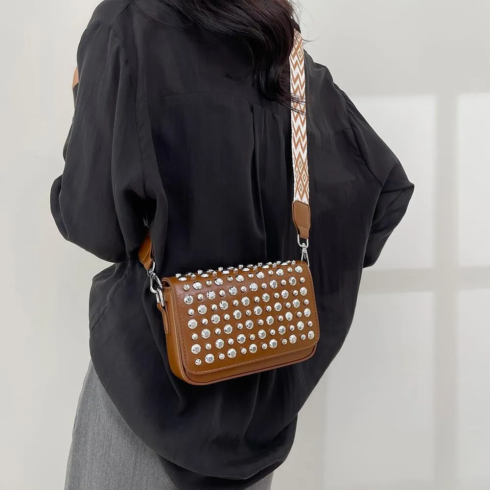 Women Rivet Chain Handbag Studded Punk Purse Crossbody Y2K Shoulder Bag Designer Handbags Flap Satchel 2000s Black
