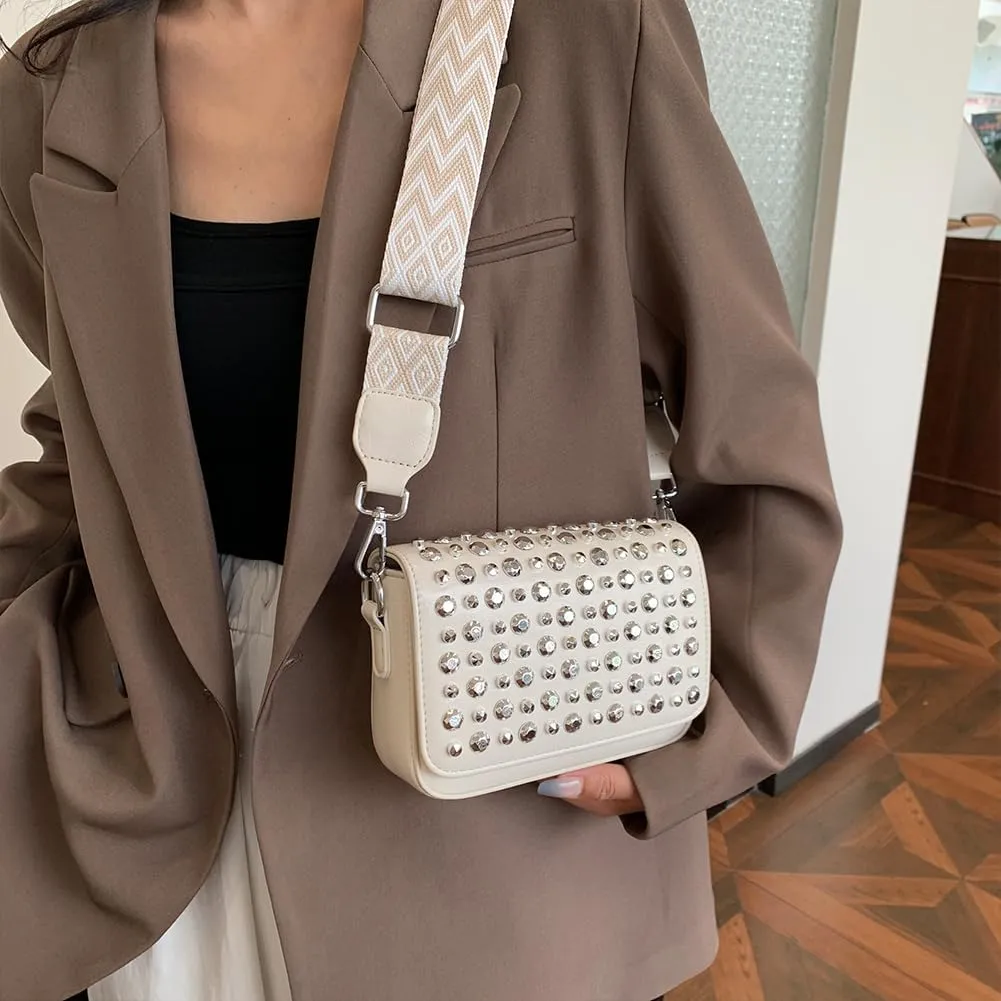 Women Rivet Chain Handbag Studded Punk Purse Crossbody Y2K Shoulder Bag Designer Handbags Flap Satchel 2000s Black