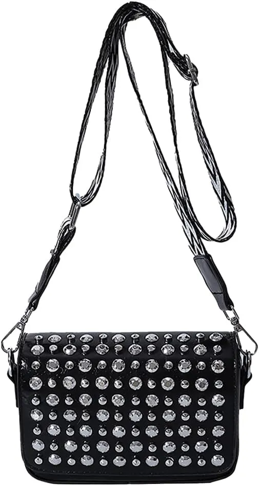 Women Rivet Chain Handbag Studded Punk Purse Crossbody Y2K Shoulder Bag Designer Handbags Flap Satchel 2000s Black