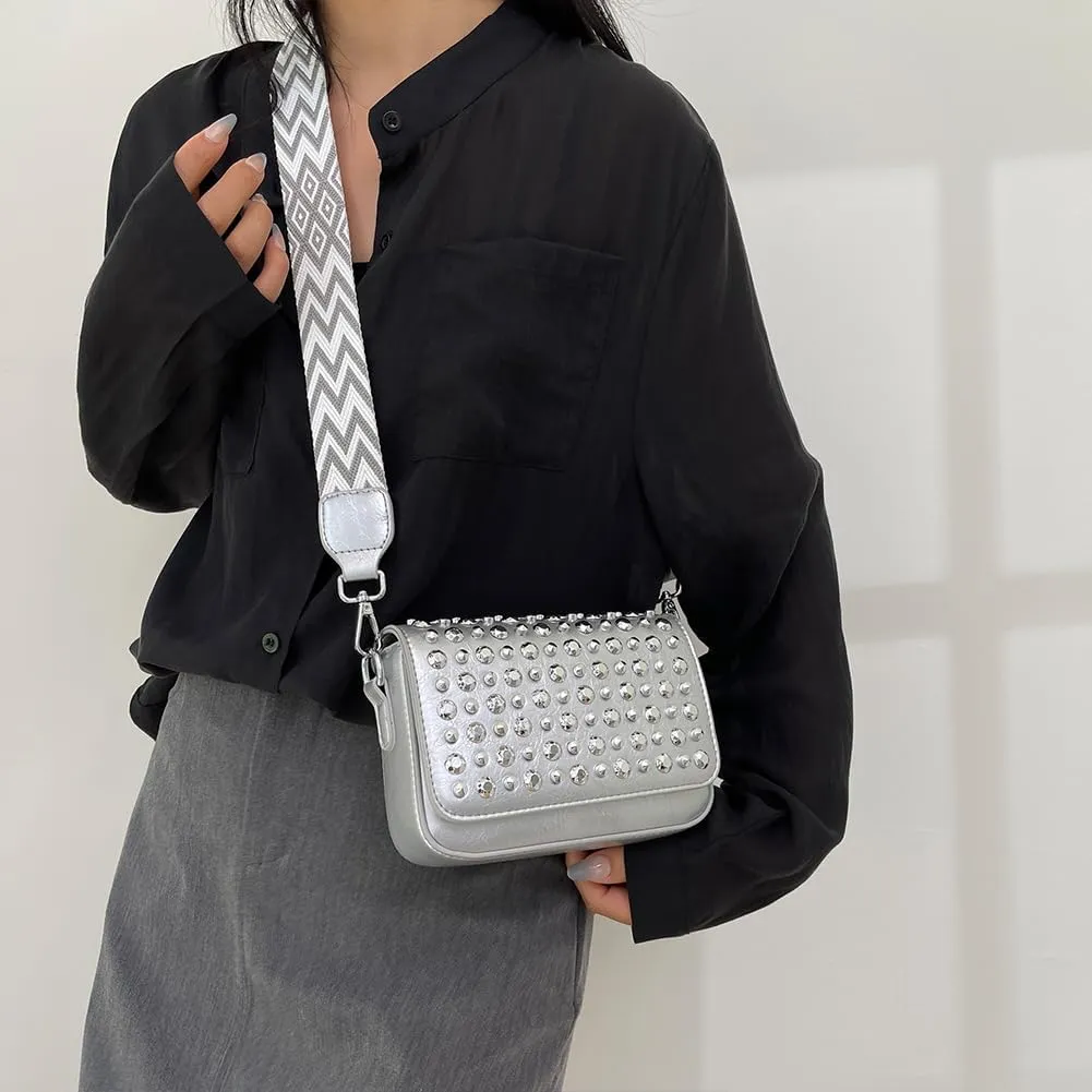 Women Rivet Chain Handbag Studded Punk Purse Crossbody Y2K Shoulder Bag Designer Handbags Flap Satchel 2000s Black