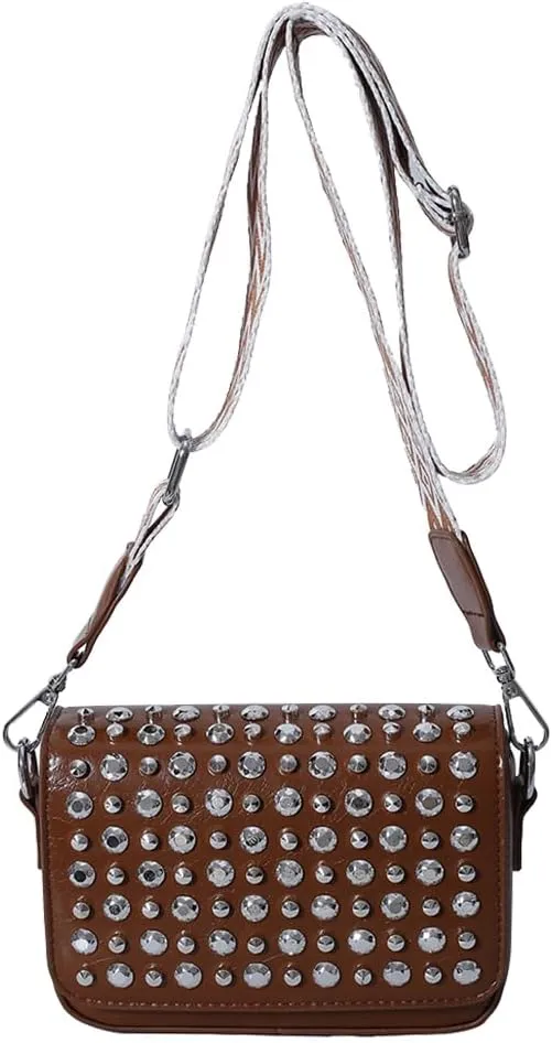 Women Rivet Chain Handbag Studded Punk Purse Crossbody Y2K Shoulder Bag Designer Handbags Flap Satchel 2000s Black