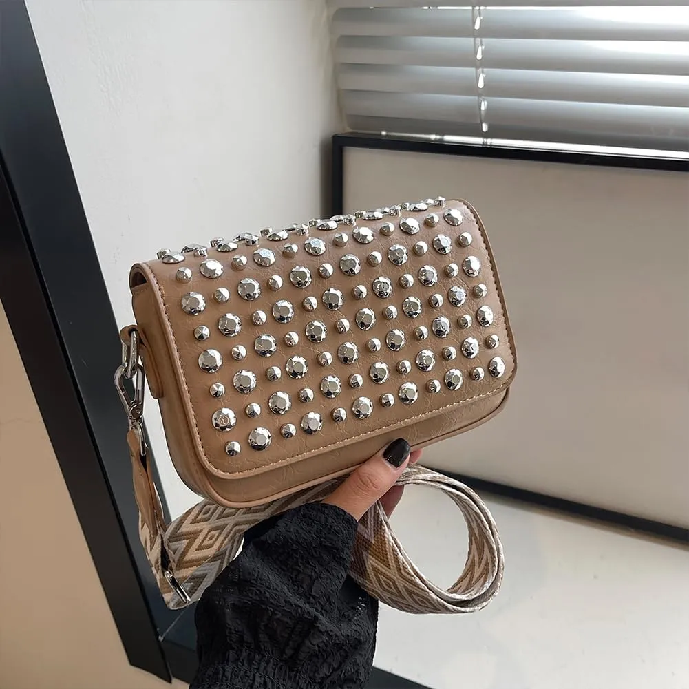 Women Rivet Chain Handbag Studded Punk Purse Crossbody Y2K Shoulder Bag Designer Handbags Flap Satchel 2000s Black