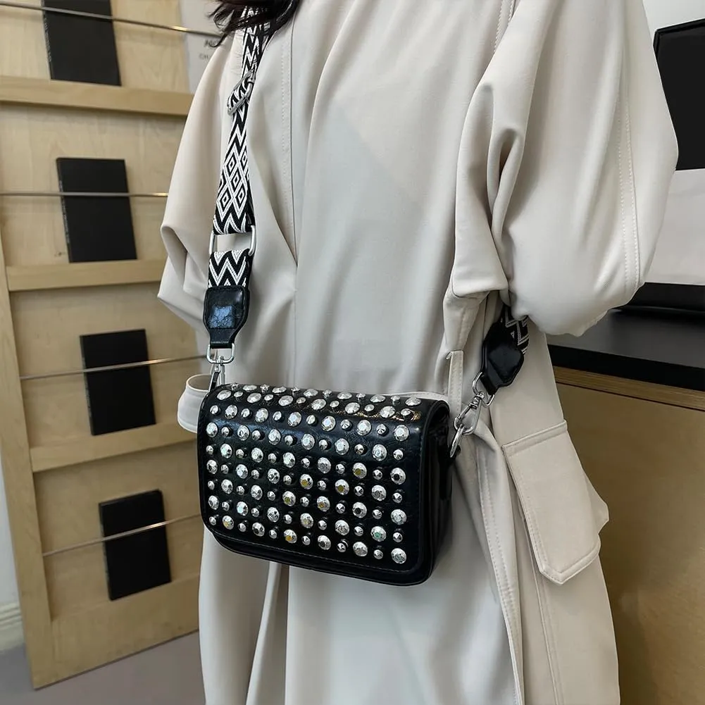 Women Rivet Chain Handbag Studded Punk Purse Crossbody Y2K Shoulder Bag Designer Handbags Flap Satchel 2000s Black