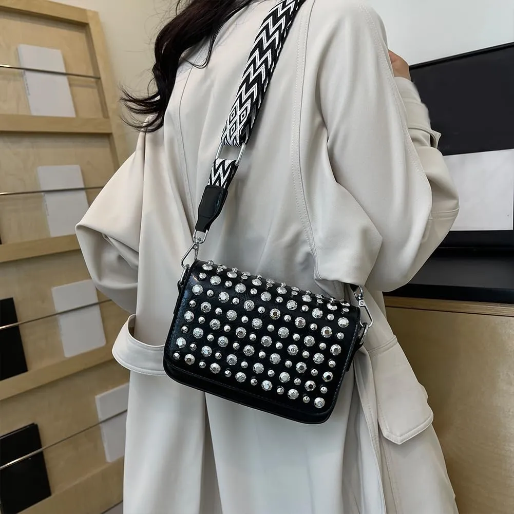 Women Rivet Chain Handbag Studded Punk Purse Crossbody Y2K Shoulder Bag Designer Handbags Flap Satchel 2000s Black