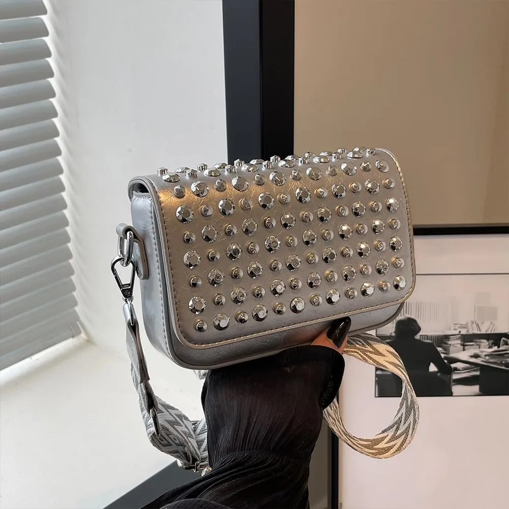 Women Rivet Chain Handbag Studded Punk Purse Crossbody Y2K Shoulder Bag Designer Handbags Flap Satchel 2000s Black