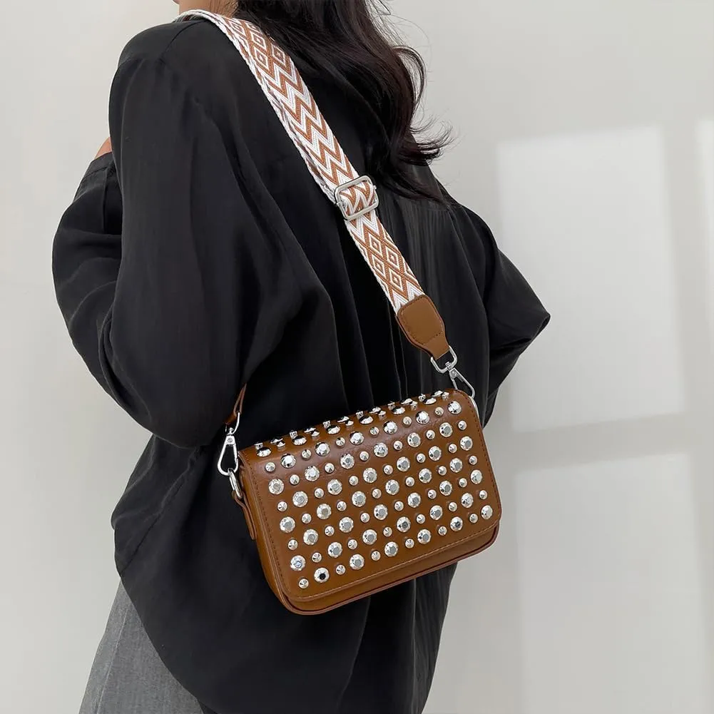Women Rivet Chain Handbag Studded Punk Purse Crossbody Y2K Shoulder Bag Designer Handbags Flap Satchel 2000s Black