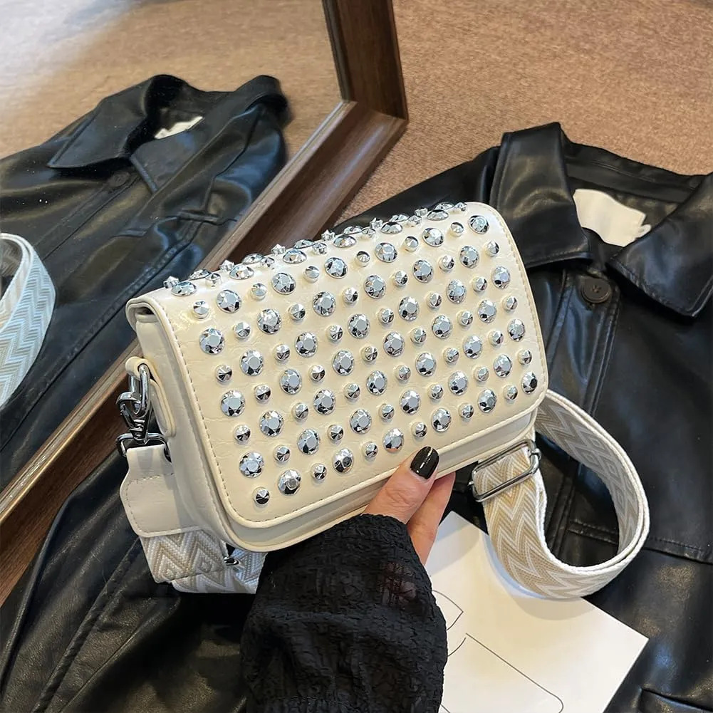 Women Rivet Chain Handbag Studded Punk Purse Crossbody Y2K Shoulder Bag Designer Handbags Flap Satchel 2000s Black