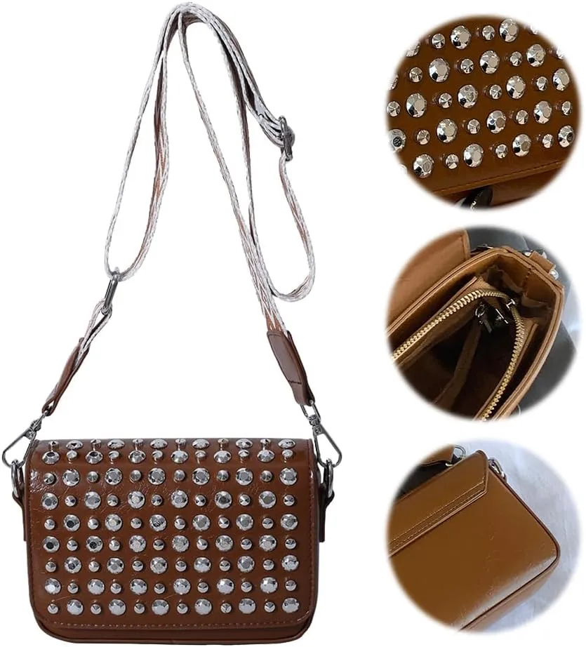 Women Rivet Chain Handbag Studded Punk Purse Crossbody Y2K Shoulder Bag Designer Handbags Flap Satchel 2000s Black