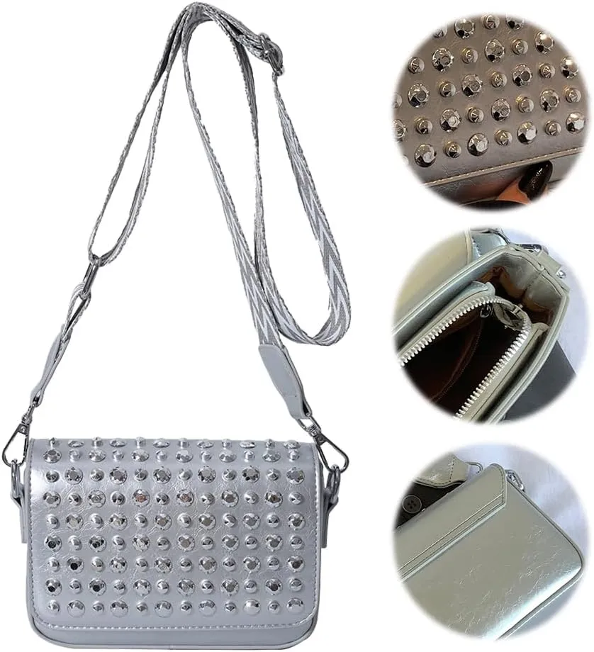 Women Rivet Chain Handbag Studded Punk Purse Crossbody Y2K Shoulder Bag Designer Handbags Flap Satchel 2000s Black