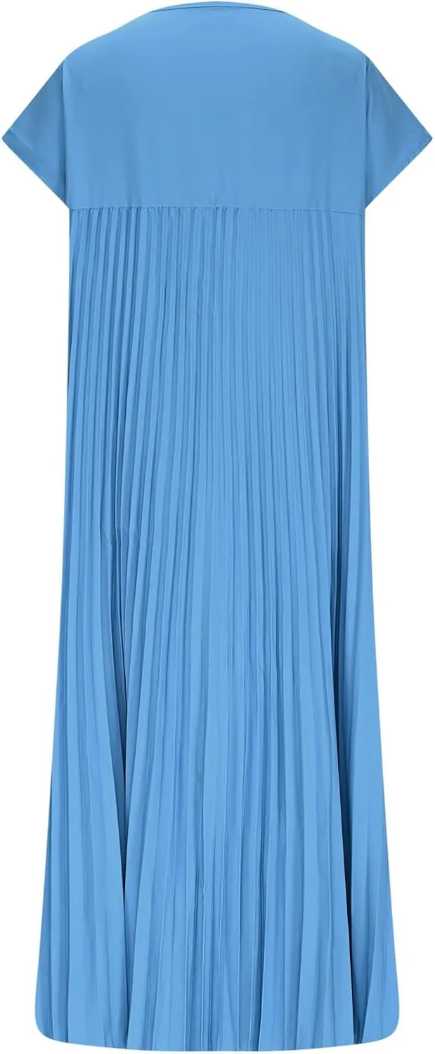 Women T Shirt Smocked Pleated Midi Dress 2025 Summer Plus Size Casual Short Sleeve Swing Dresses High Waist A-Line