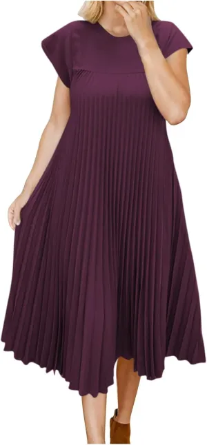 Women T Shirt Smocked Pleated Midi Dress 2025 Summer Plus Size Casual Short Sleeve Swing Dresses High Waist A-Line
