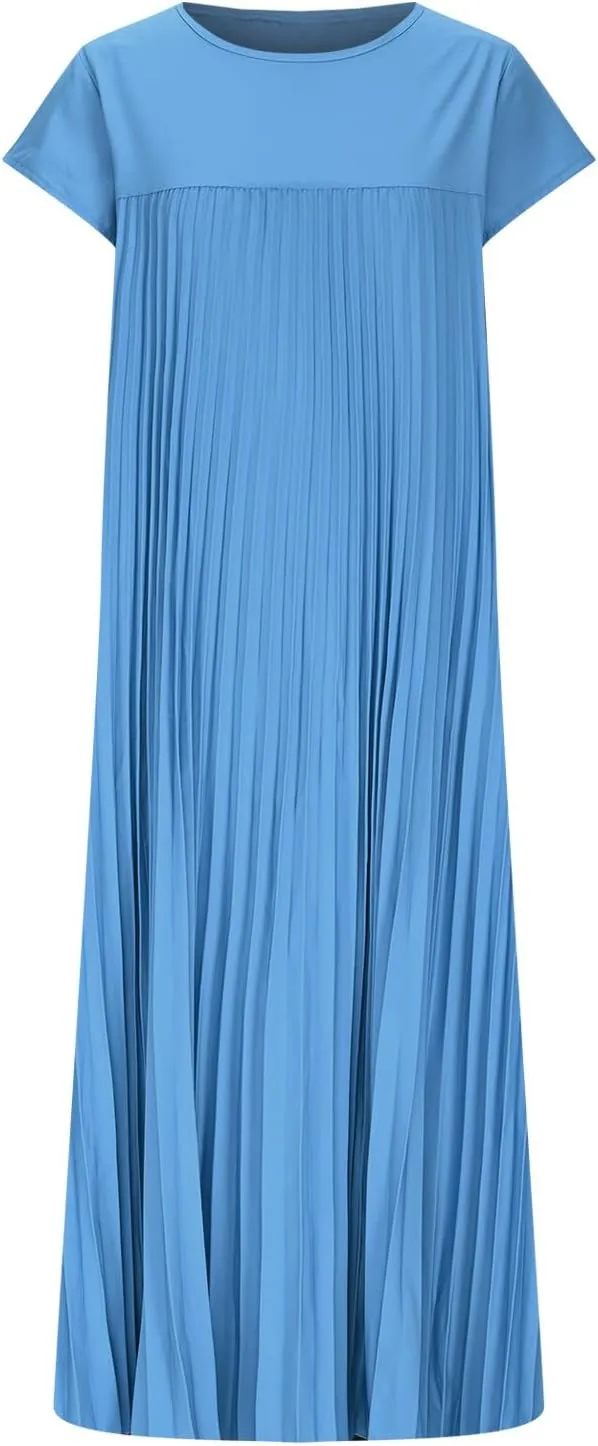 Women T Shirt Smocked Pleated Midi Dress 2025 Summer Plus Size Casual Short Sleeve Swing Dresses High Waist A-Line