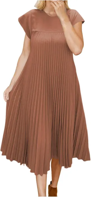 Women T Shirt Smocked Pleated Midi Dress 2025 Summer Plus Size Casual Short Sleeve Swing Dresses High Waist A-Line
