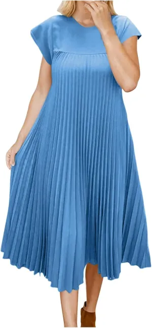 Women T Shirt Smocked Pleated Midi Dress 2025 Summer Plus Size Casual Short Sleeve Swing Dresses High Waist A-Line