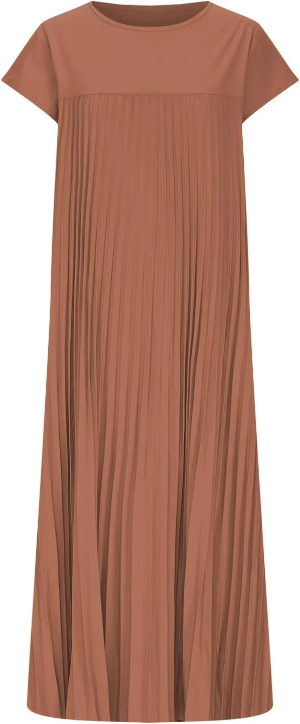 Women T Shirt Smocked Pleated Midi Dress 2025 Summer Plus Size Casual Short Sleeve Swing Dresses High Waist A-Line