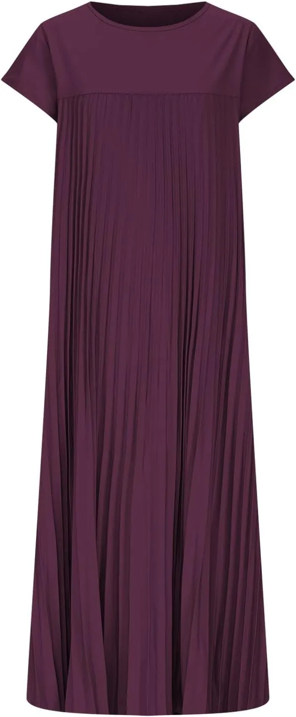 Women T Shirt Smocked Pleated Midi Dress 2025 Summer Plus Size Casual Short Sleeve Swing Dresses High Waist A-Line