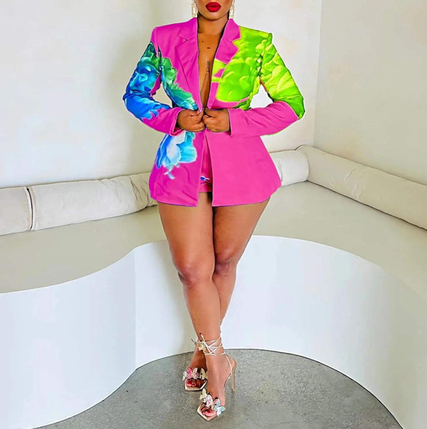 Women's 2 Piece Floral Printed Outfits Soft Lightweight Open Front Long Sleeve Blazer and Short Pants Suit Sets