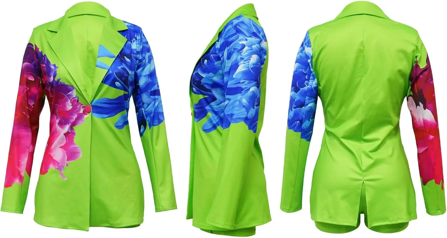 Women's 2 Piece Floral Printed Outfits Soft Lightweight Open Front Long Sleeve Blazer and Short Pants Suit Sets