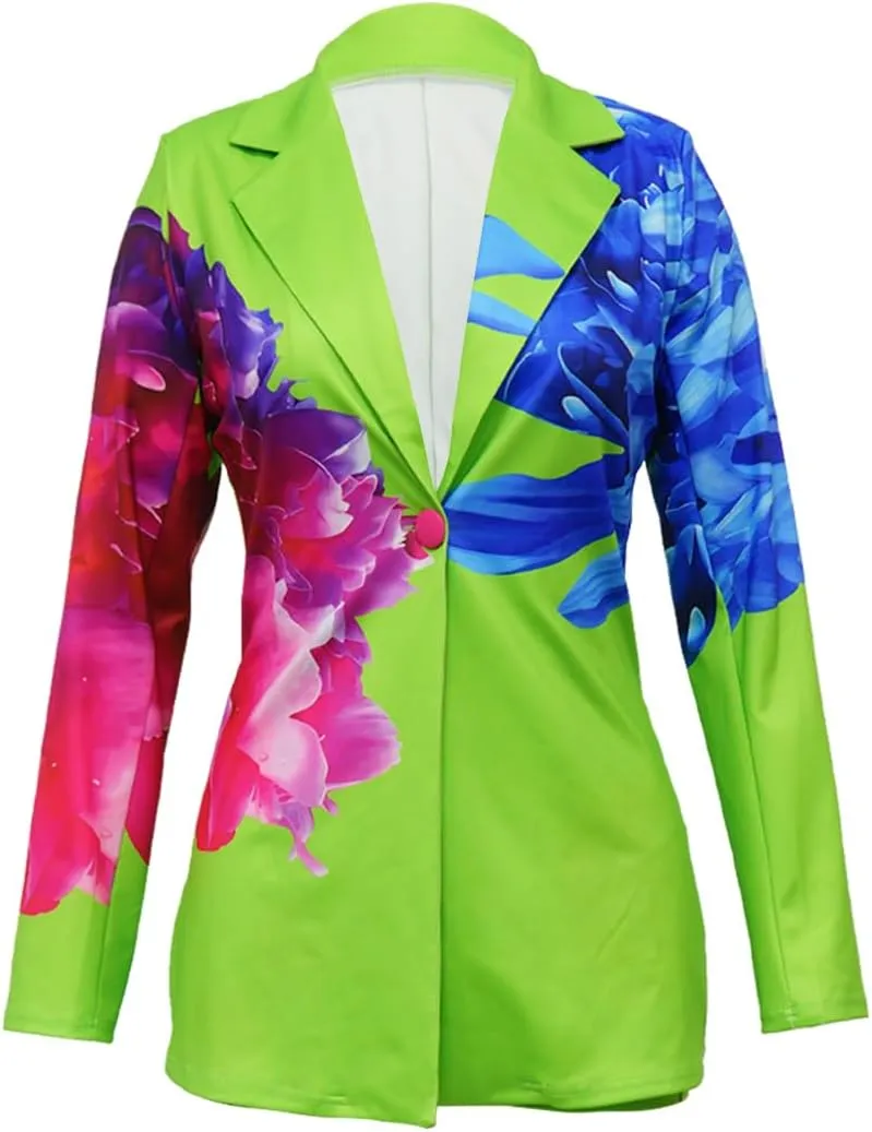 Women's 2 Piece Floral Printed Outfits Soft Lightweight Open Front Long Sleeve Blazer and Short Pants Suit Sets