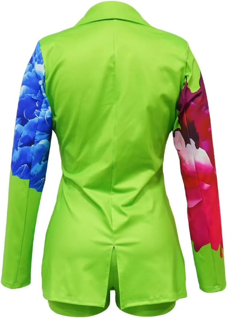Women's 2 Piece Floral Printed Outfits Soft Lightweight Open Front Long Sleeve Blazer and Short Pants Suit Sets