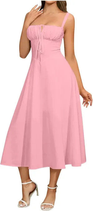 Women's 2025 Summer Cotton Linen Boho Midi Dresses Womens Suspender Lace-Up Dress Sexy Wrap A-Line Gown Flowy Hem