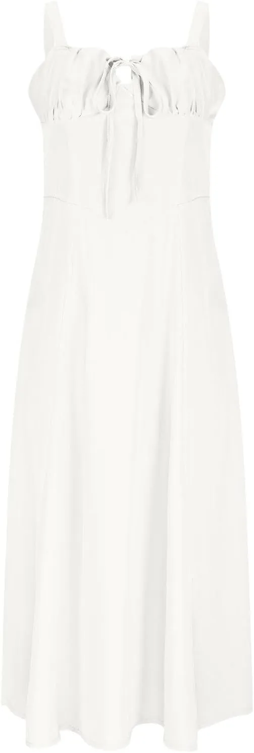 Women's 2025 Summer Cotton Linen Boho Midi Dresses Womens Suspender Lace-Up Dress Sexy Wrap A-Line Gown Flowy Hem