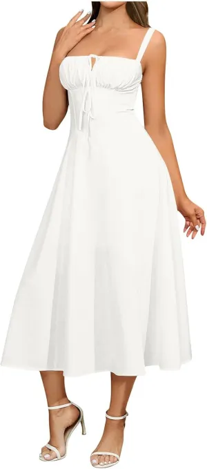 Women's 2025 Summer Cotton Linen Boho Midi Dresses Womens Suspender Lace-Up Dress Sexy Wrap A-Line Gown Flowy Hem