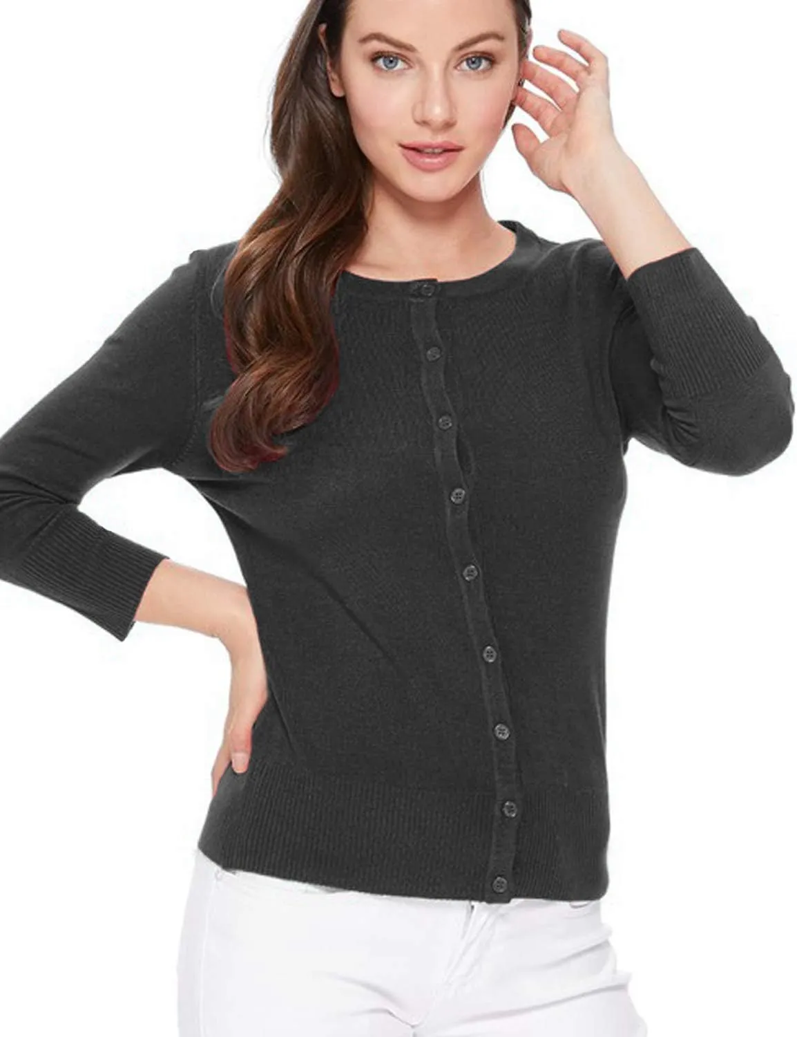 Women's 3/4 Sleeve Crew Neck Button Down Stretch Knit Cardigan Sweater (S-3XL)