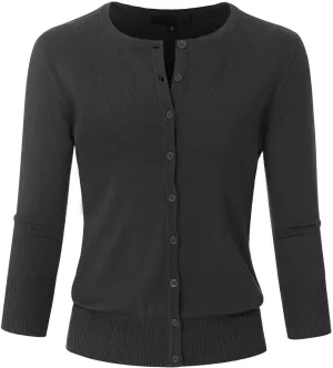 Women's 3/4 Sleeve Crew Neck Button Down Stretch Knit Cardigan Sweater (S-3XL)