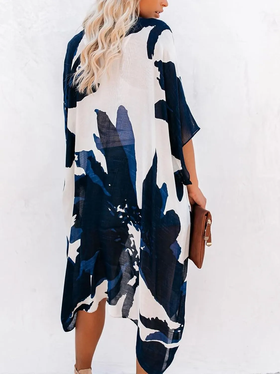Women's Beach Cover up Swimsuit Kimono with Boho Floral Print Casual Loose Cardigans for Swimwear