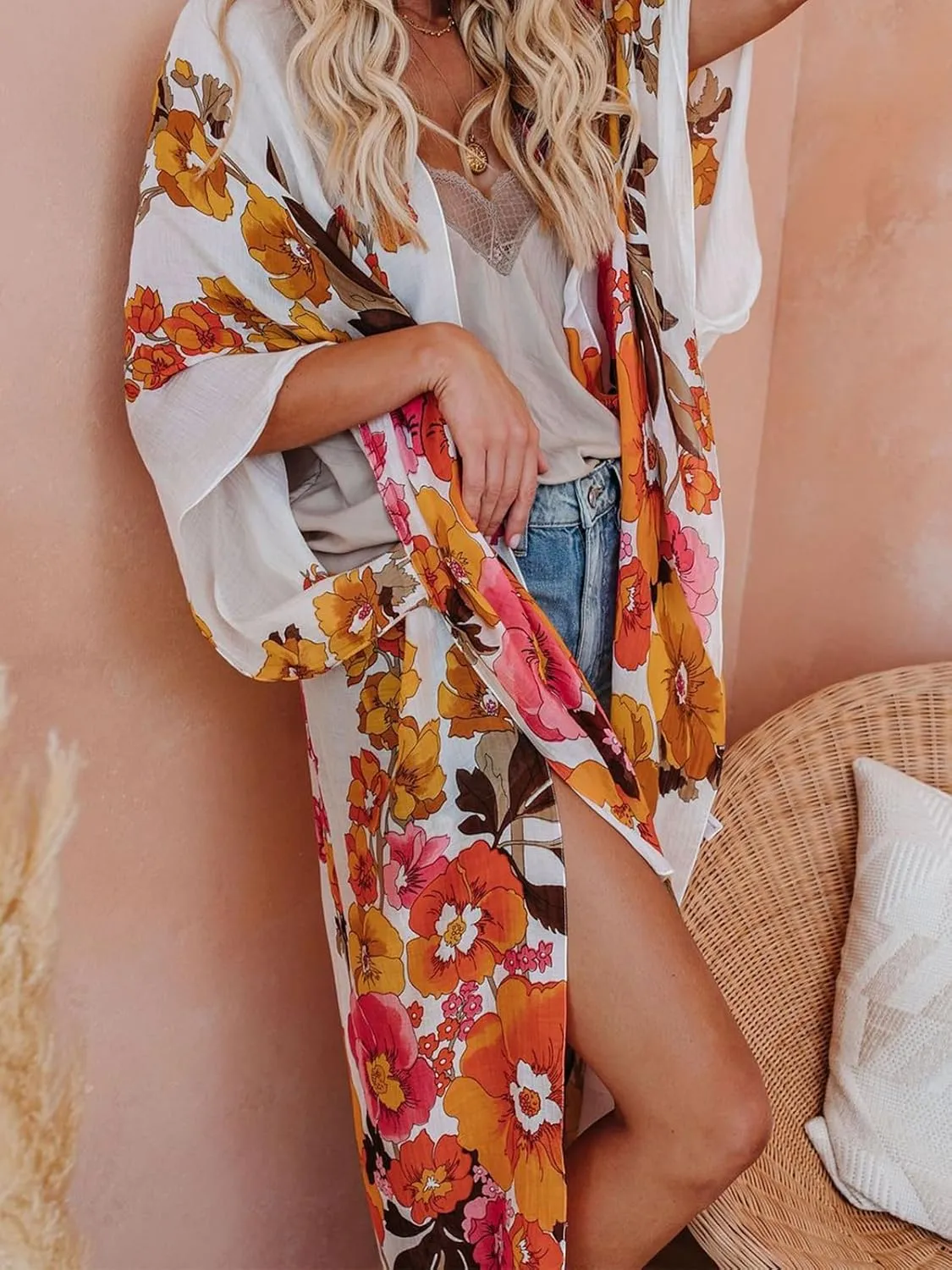 Women's Beach Cover up Swimsuit Kimono with Boho Floral Print Casual Loose Cardigans for Swimwear