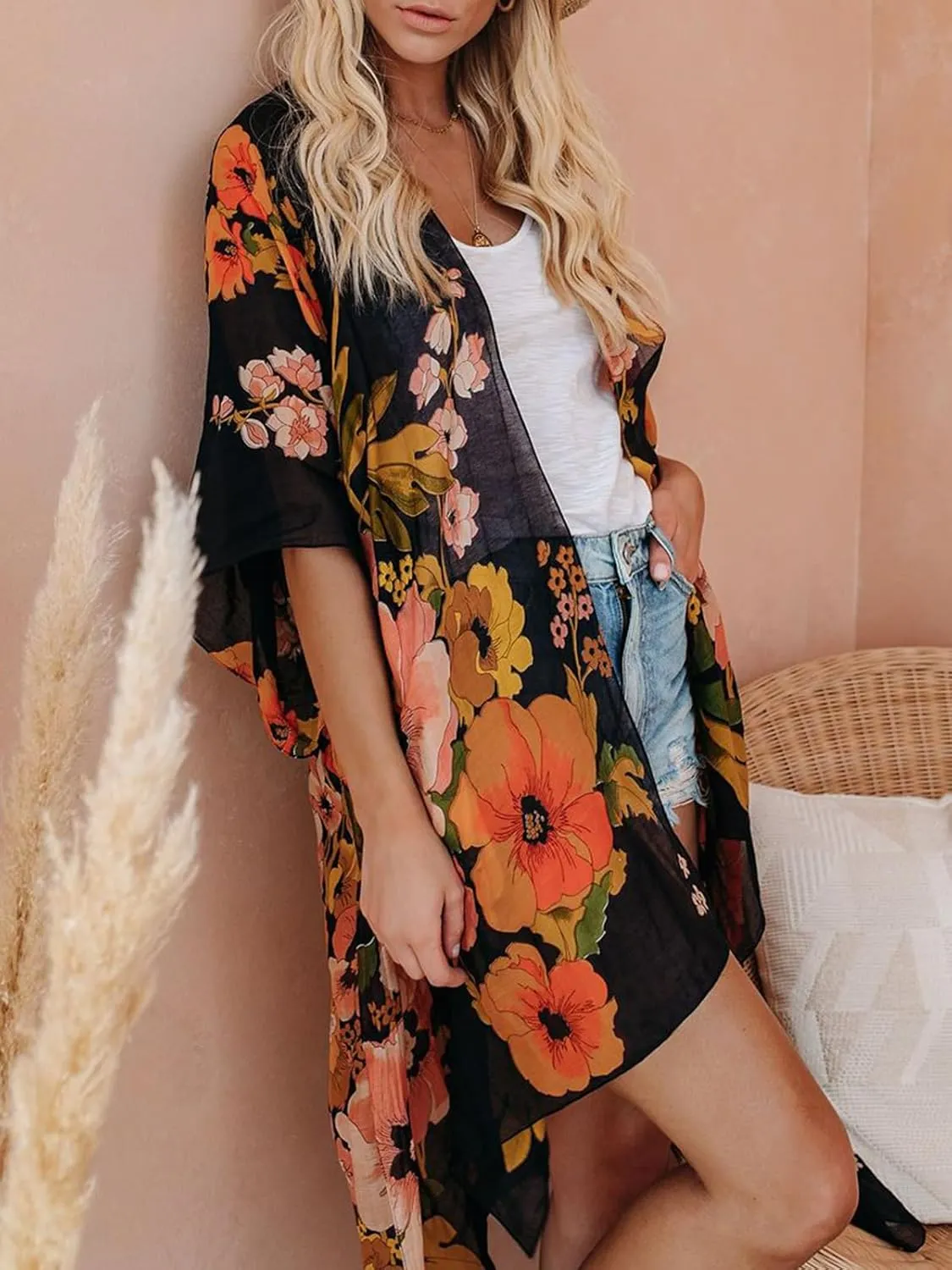 Women's Beach Cover up Swimsuit Kimono with Boho Floral Print Casual Loose Cardigans for Swimwear