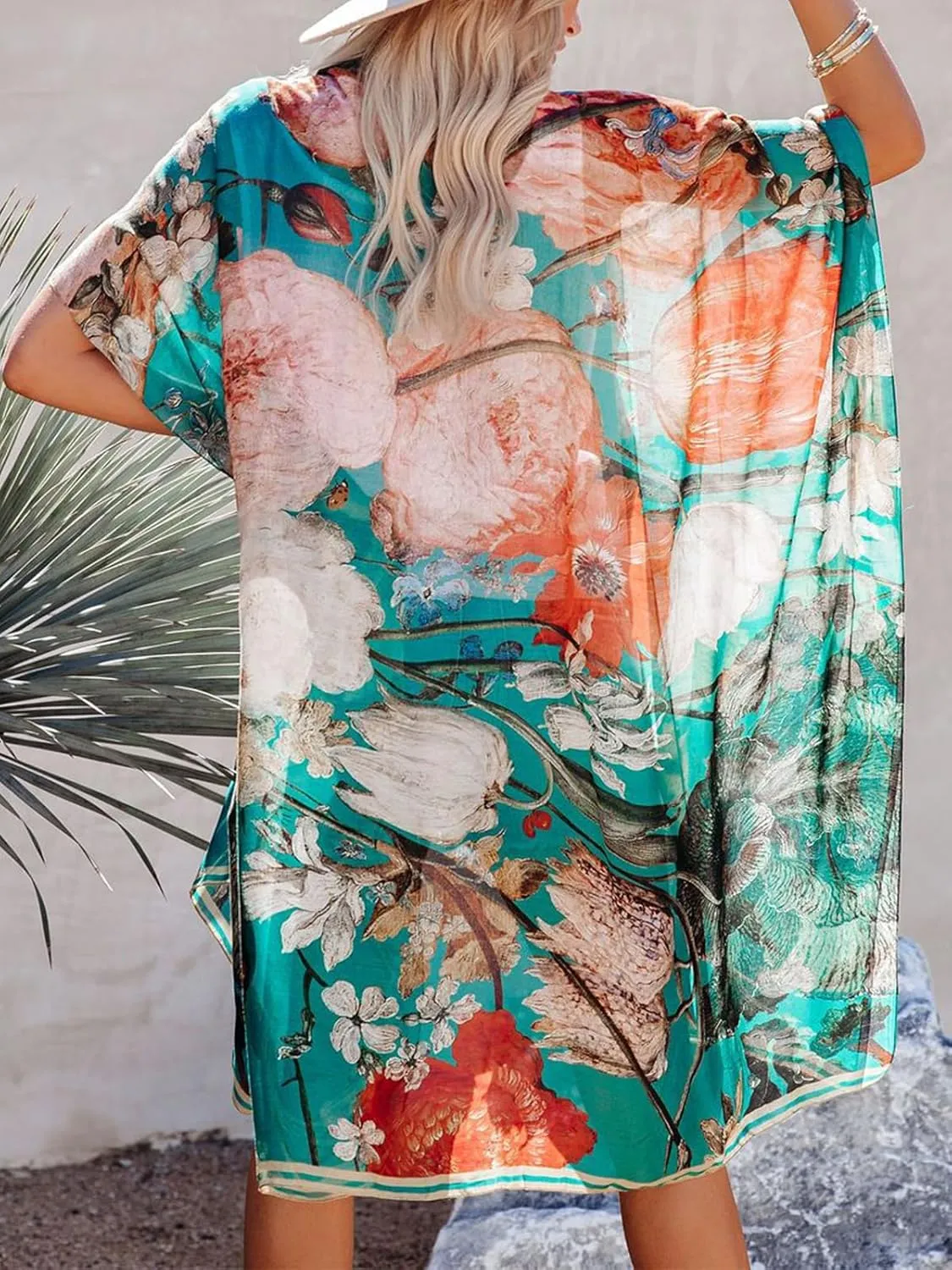 Women's Beach Cover up Swimsuit Kimono with Boho Floral Print Casual Loose Cardigans for Swimwear