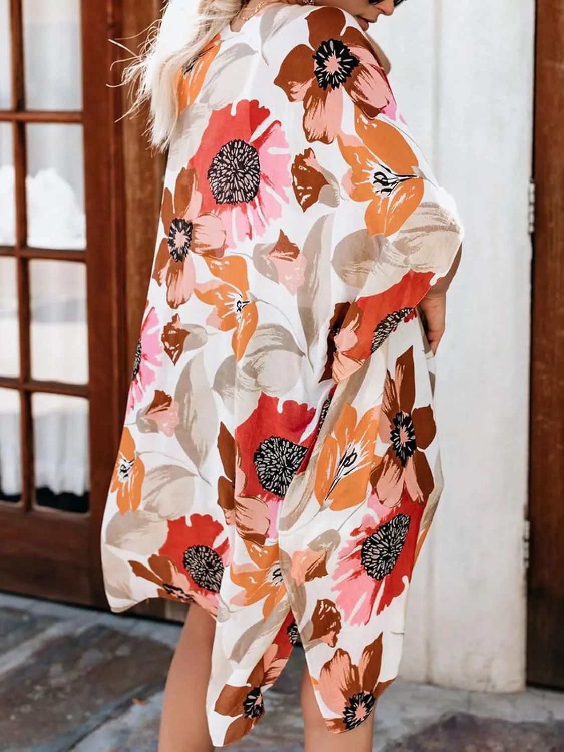 Women's Beach Cover up Swimsuit Kimono with Boho Floral Print Casual Loose Cardigans for Swimwear