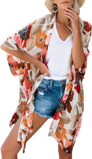 Women's Beach Cover up Swimsuit Kimono with Boho Floral Print Casual Loose Cardigans for Swimwear