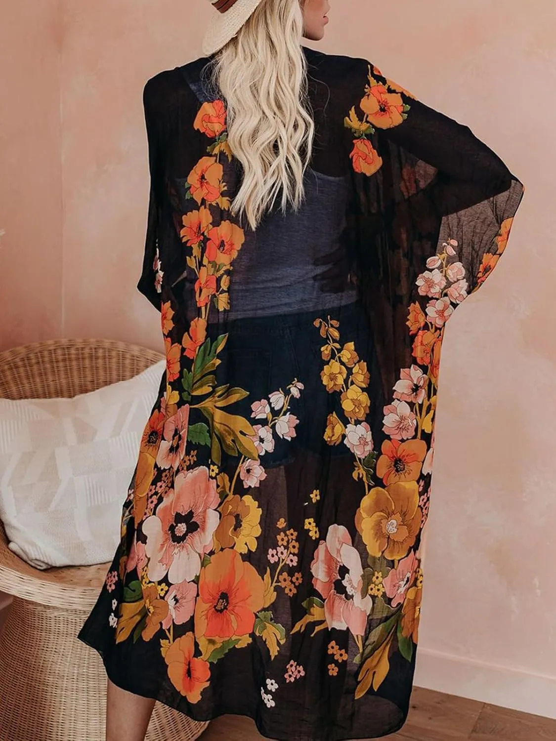 Women's Beach Cover up Swimsuit Kimono with Boho Floral Print Casual Loose Cardigans for Swimwear