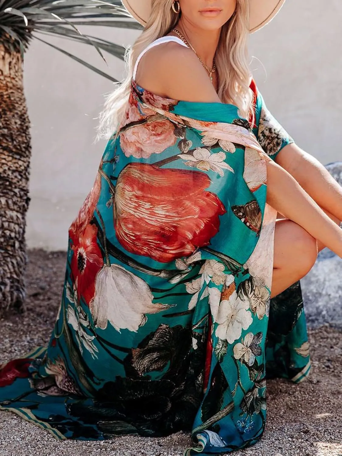 Women's Beach Cover up Swimsuit Kimono with Boho Floral Print Casual Loose Cardigans for Swimwear