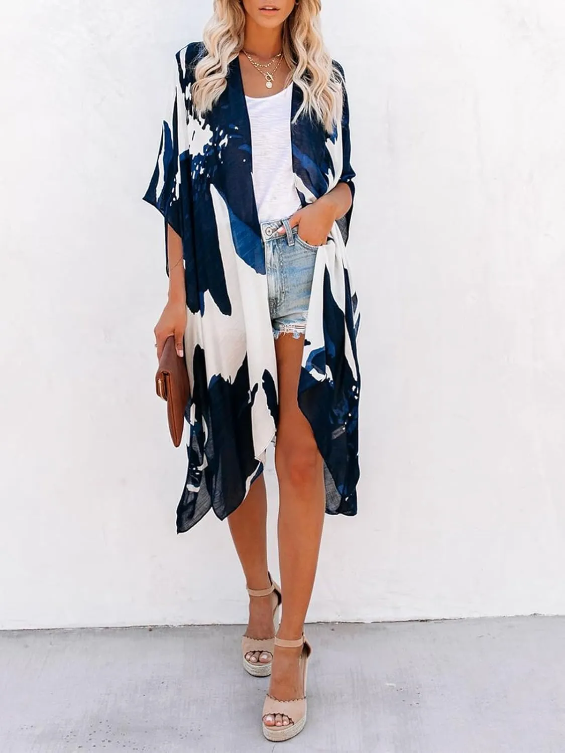 Women's Beach Cover up Swimsuit Kimono with Boho Floral Print Casual Loose Cardigans for Swimwear