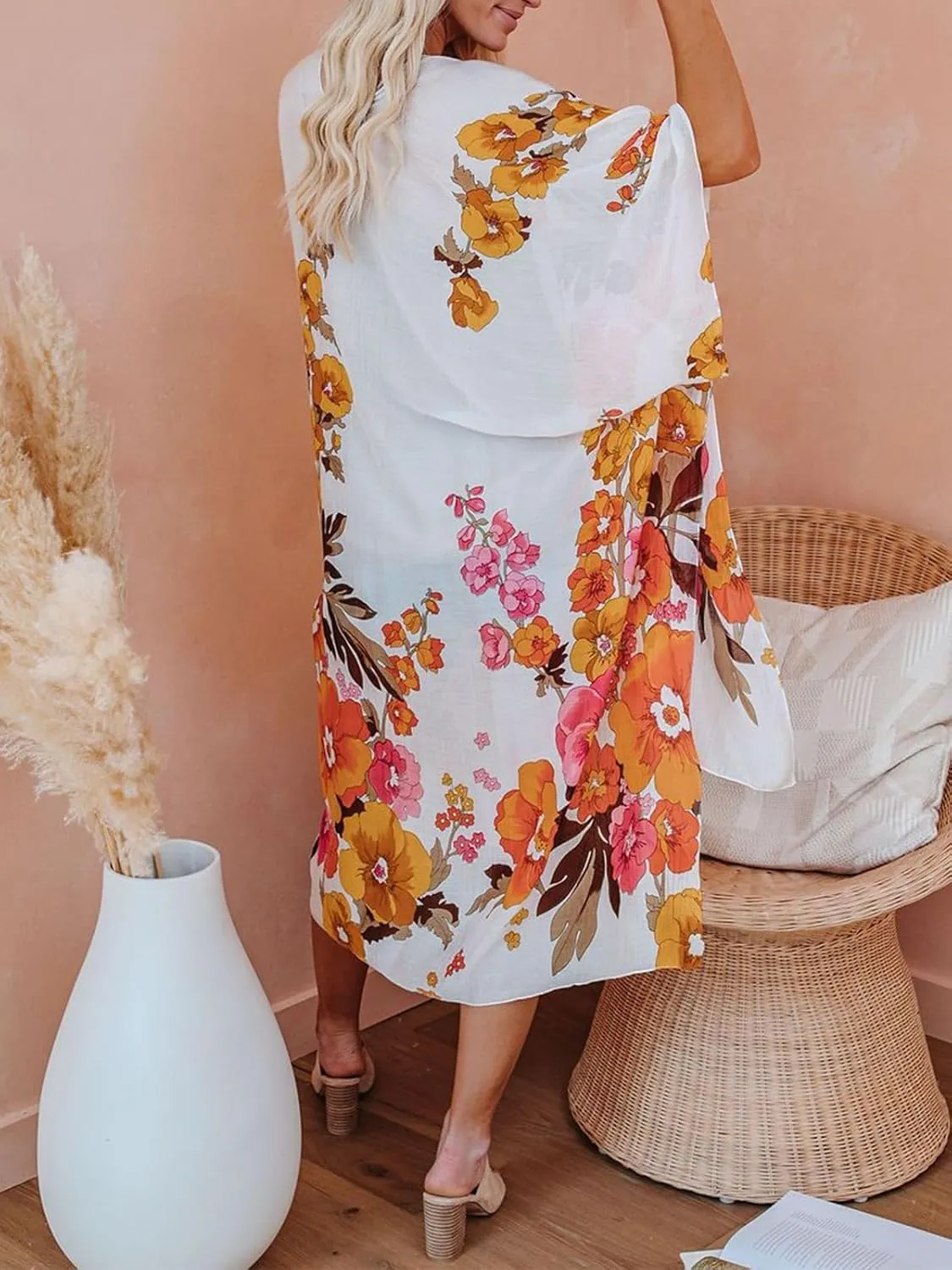 Women's Beach Cover up Swimsuit Kimono with Boho Floral Print Casual Loose Cardigans for Swimwear