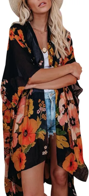 Women's Beach Cover up Swimsuit Kimono with Boho Floral Print Casual Loose Cardigans for Swimwear