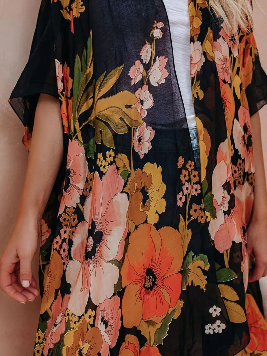 Women's Beach Cover up Swimsuit Kimono with Boho Floral Print Casual Loose Cardigans for Swimwear