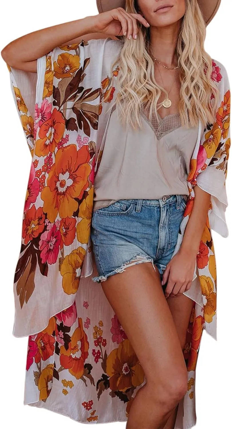 Women's Beach Cover up Swimsuit Kimono with Boho Floral Print Casual Loose Cardigans for Swimwear