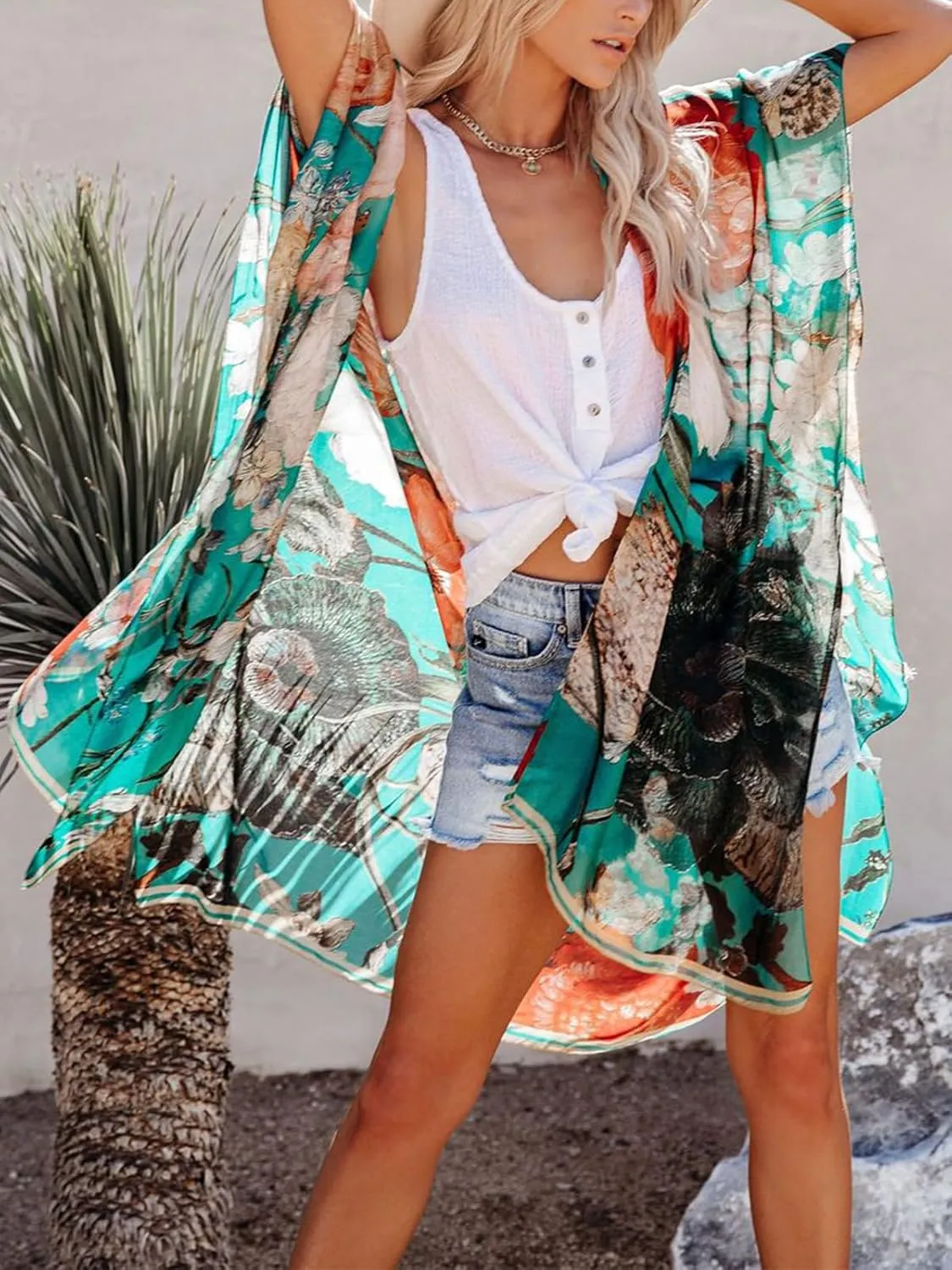 Women's Beach Cover up Swimsuit Kimono with Boho Floral Print Casual Loose Cardigans for Swimwear