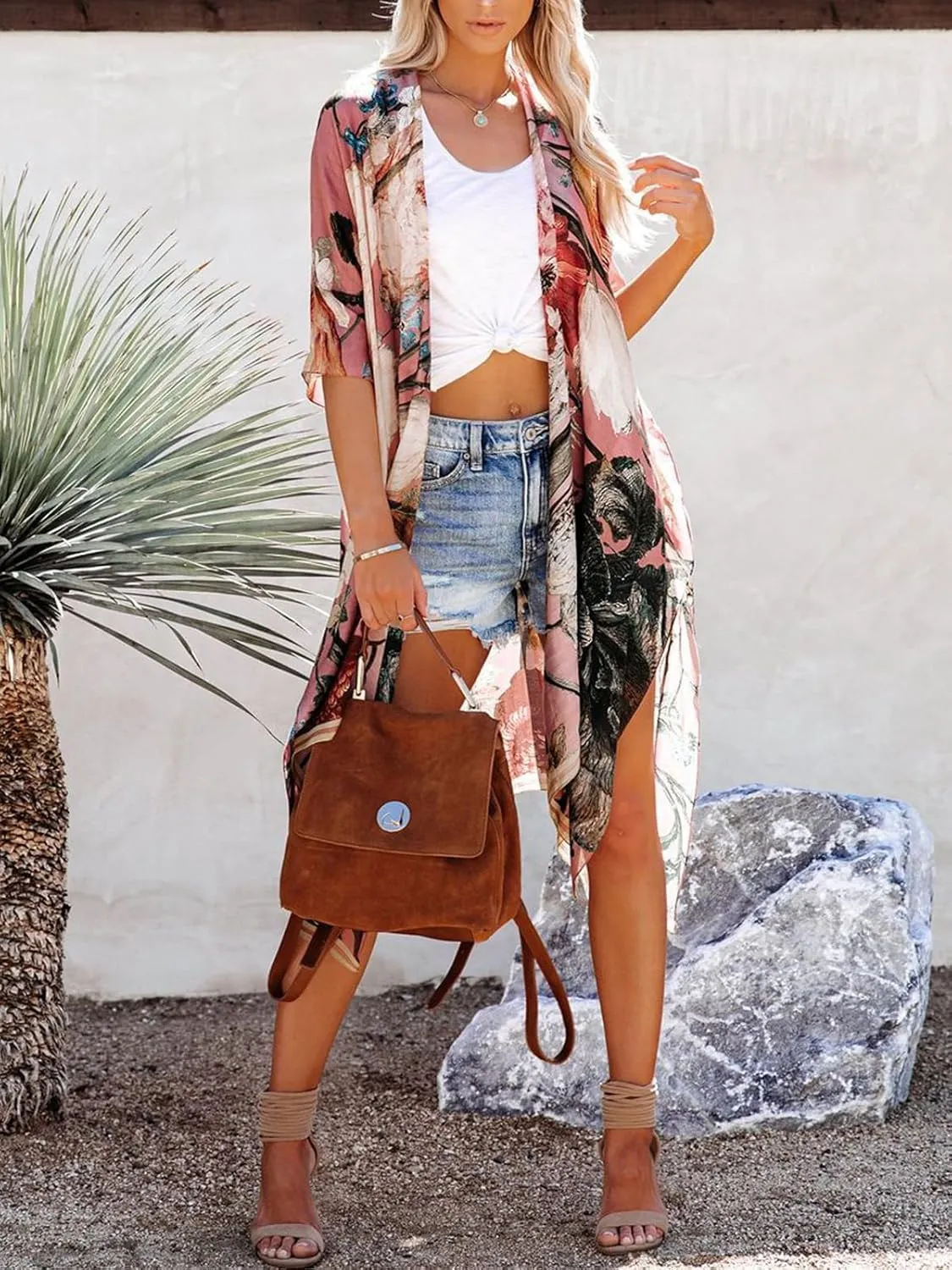 Women's Beach Cover up Swimsuit Kimono with Boho Floral Print Casual Loose Cardigans for Swimwear