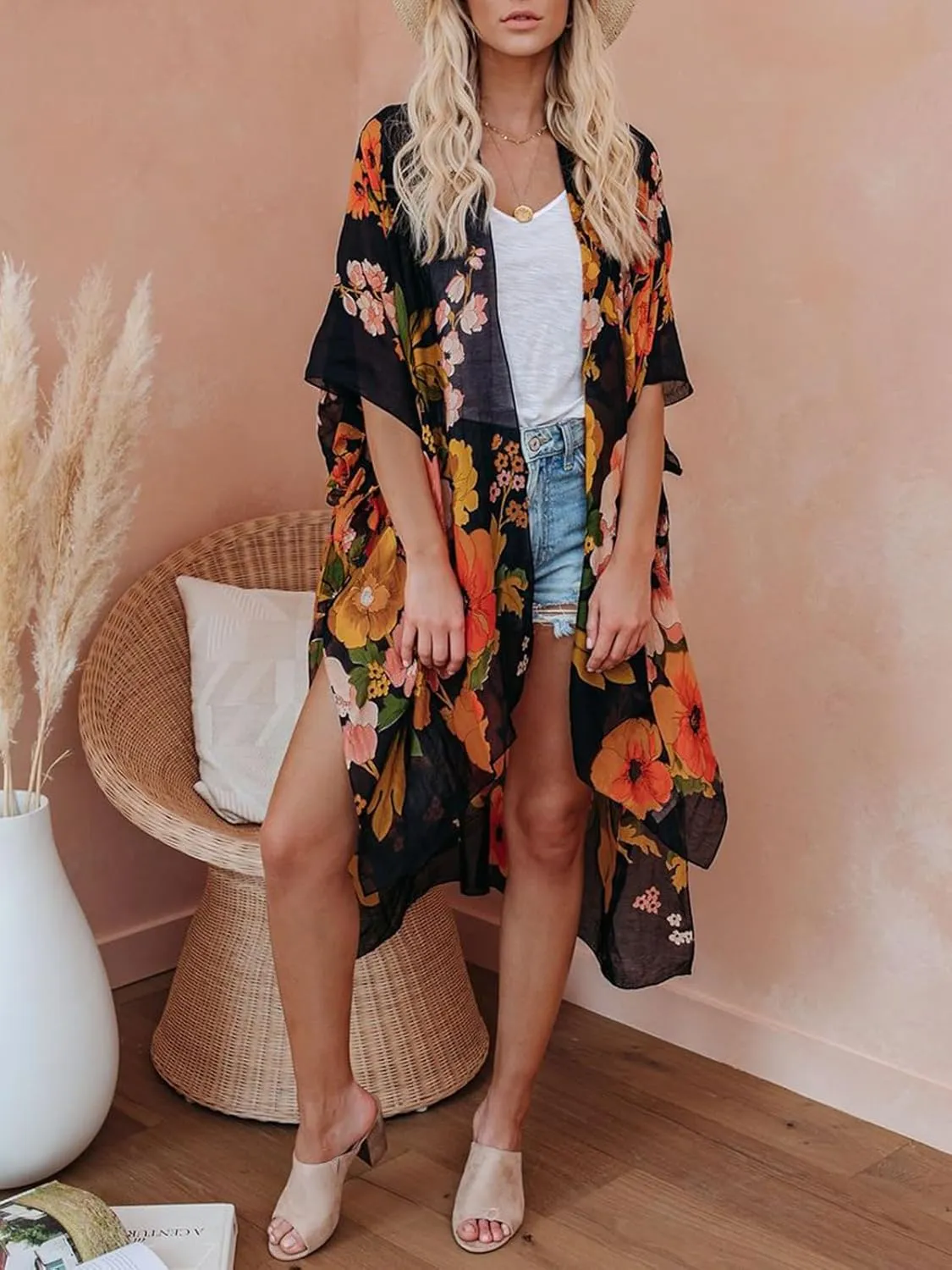 Women's Beach Cover up Swimsuit Kimono with Boho Floral Print Casual Loose Cardigans for Swimwear