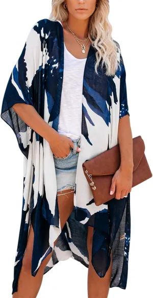 Women's Beach Cover up Swimsuit Kimono with Boho Floral Print Casual Loose Cardigans for Swimwear