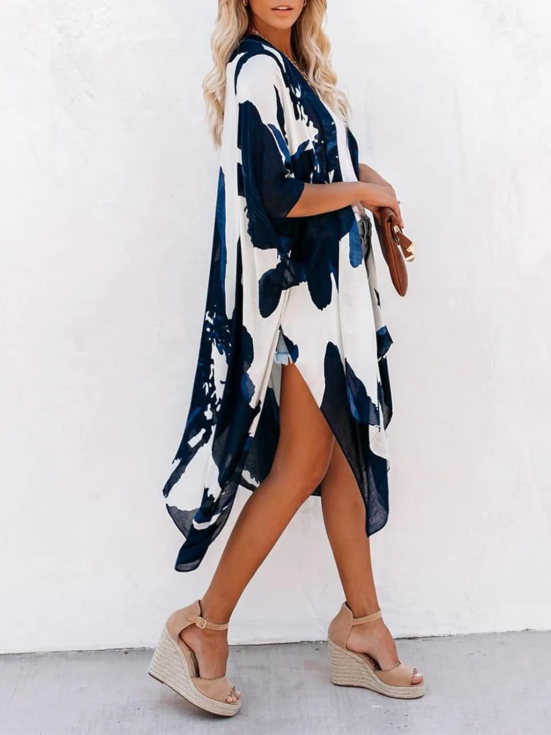 Women's Beach Cover up Swimsuit Kimono with Boho Floral Print Casual Loose Cardigans for Swimwear