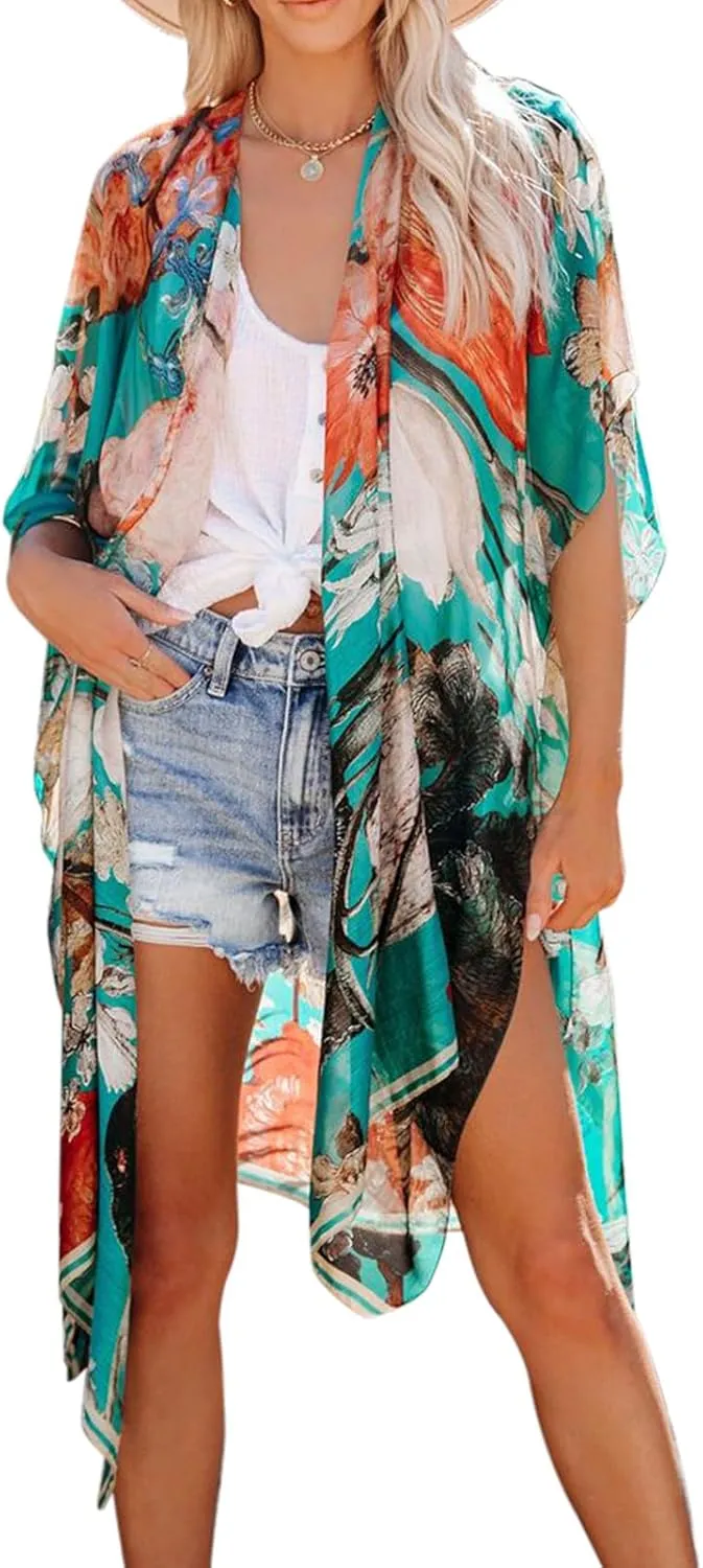 Women's Beach Cover up Swimsuit Kimono with Boho Floral Print Casual Loose Cardigans for Swimwear